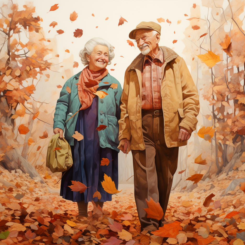 elderly couple walking amongst the autumn leaves talking about fall prevention