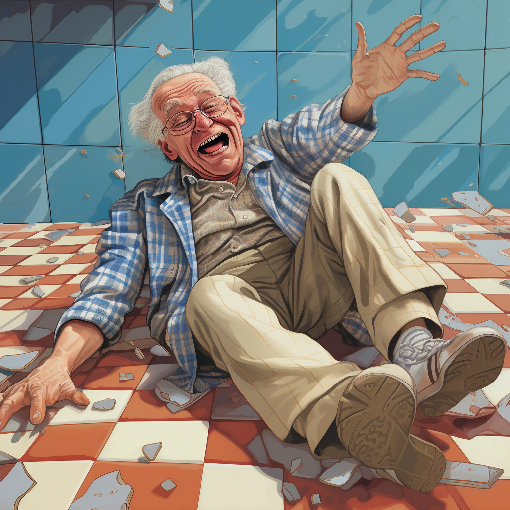 elderly man has slipped on a wet tile floor in shower