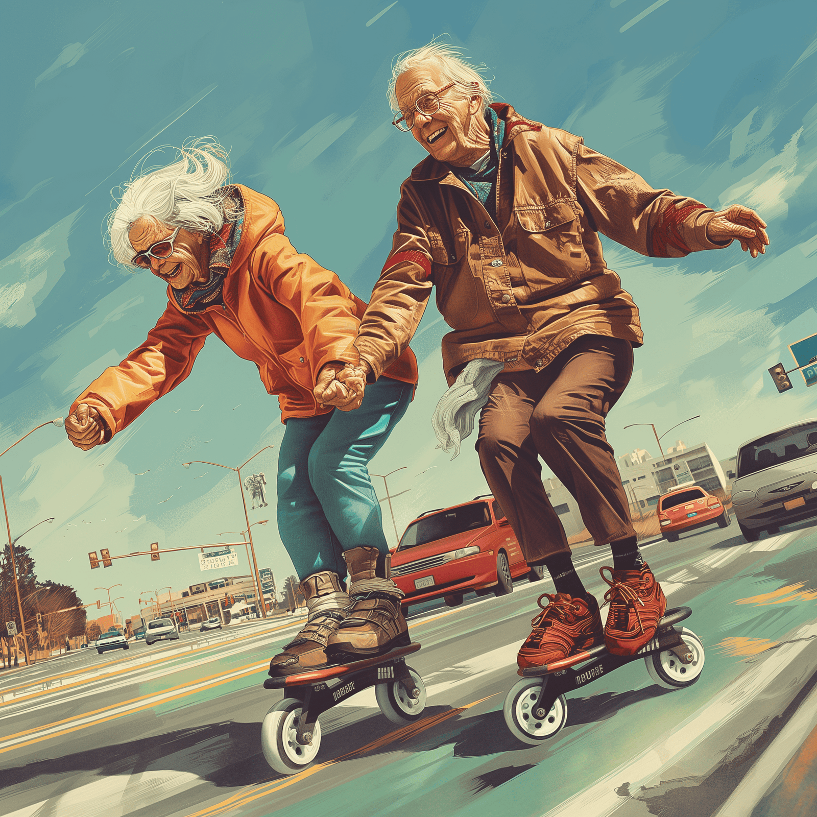 Elderly couple at risk for falls on rollerblades