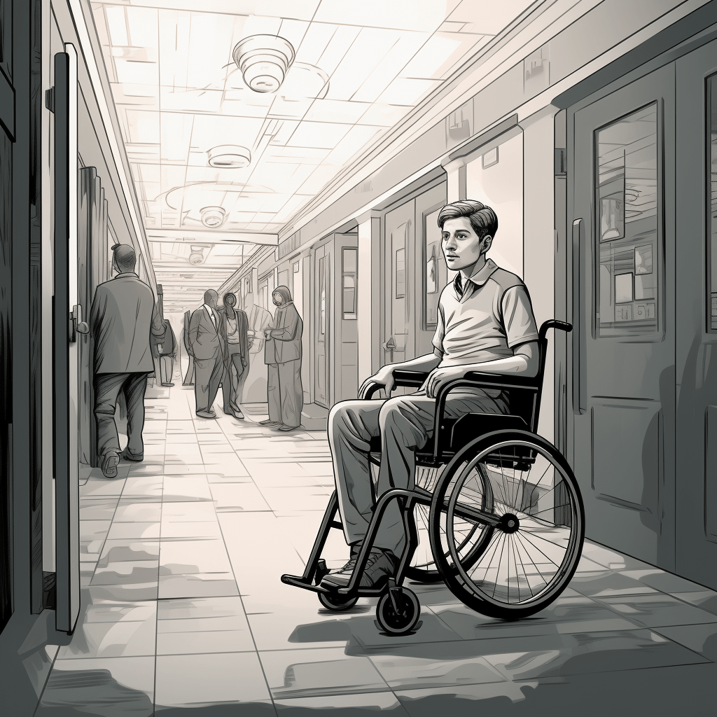 man in wheelchair about to enter a public restroom designed according to ADA guidelines