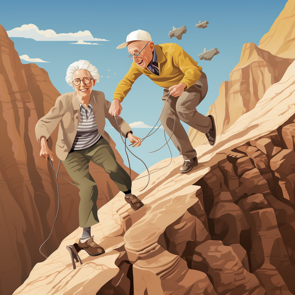 Senior couple walking on very dangerous terrain at risk for becoming a fall statistic