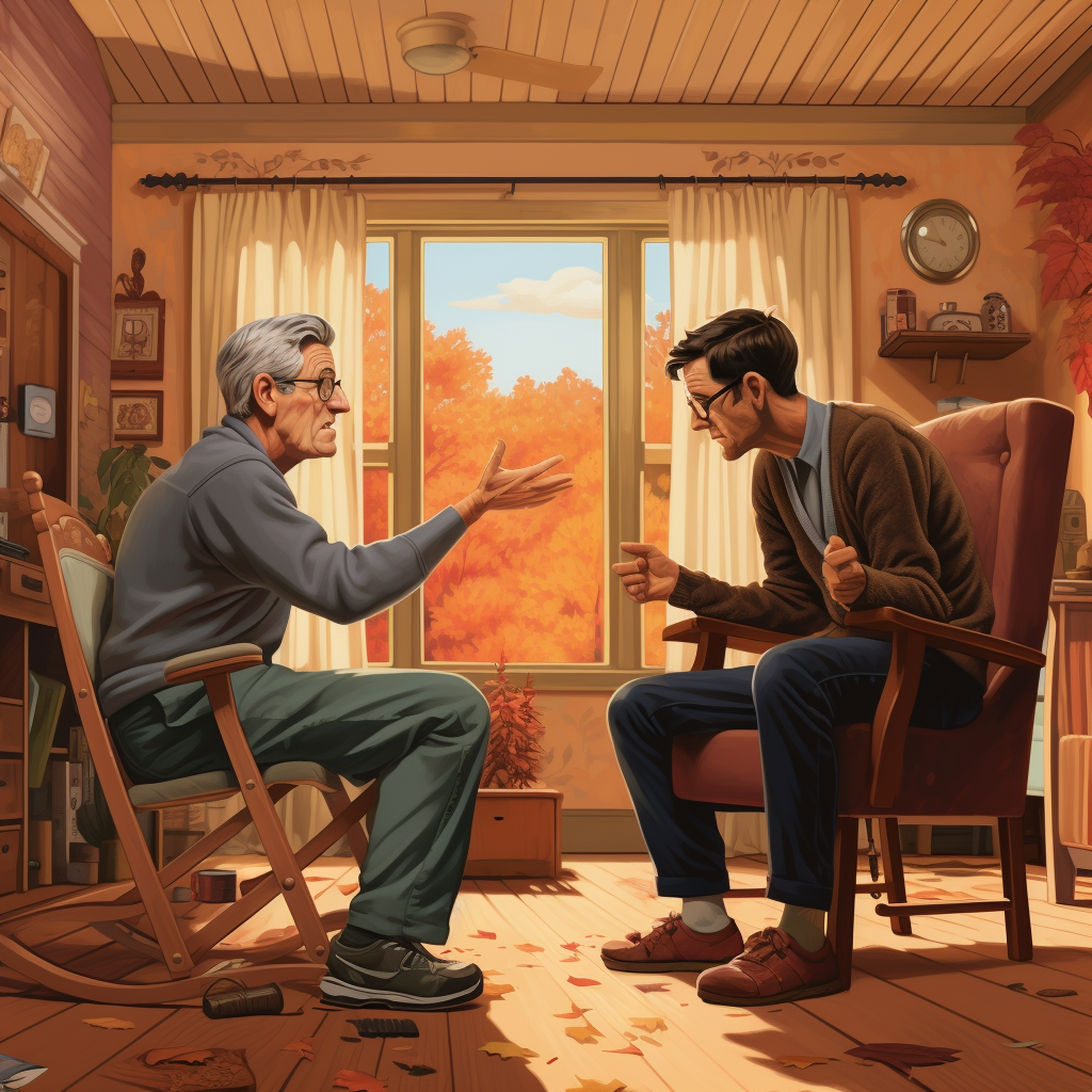 Son talking to elderly father about fall prevention and home safety