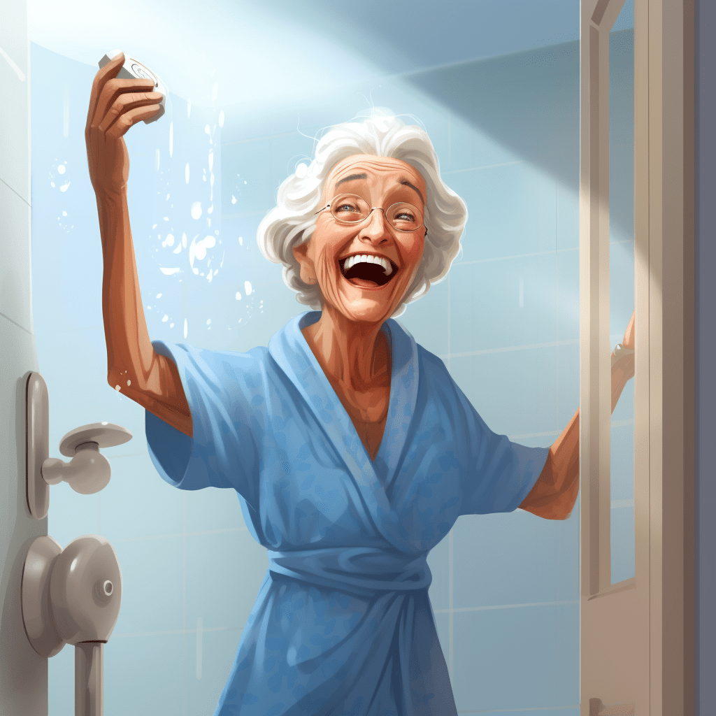 Shower safety grab bars can helping smiling senior woman stay safe and independent in shower